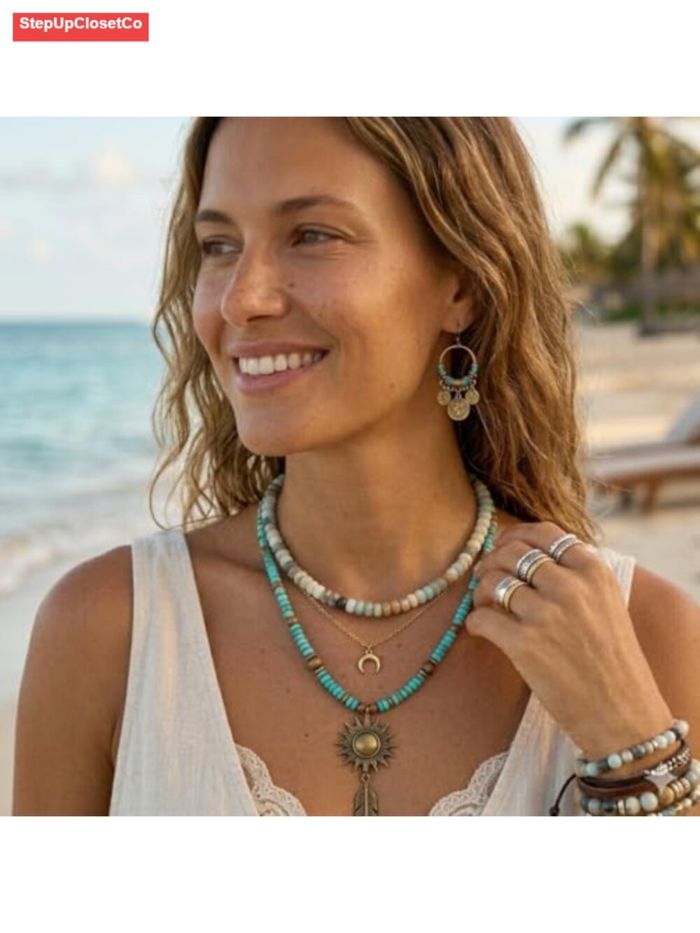Amazonite Beaded Necklace, Boho Choker, Natural Stone Jewelry, Stainless Steel - Picture 2 of 5